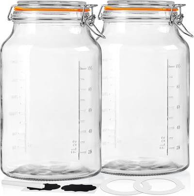 Famanu - Set van 2 grote glazen potten met clip-top en deksels, luchtdicht, 4100 ml, brede mond, metselaarpotten met deksels, glazen voorraadpotten, fermentatiepot voor meel, spaghetti, pasta, beitsen
