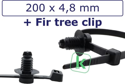 PRO-TIE® - Tyraps, kabelbinders Hittebestendig 2-delig met lamelvoet en schotel (Fir-Tree Clip) 200 x 4,8 mm Zwart UV-Bestendig (Zak 100 stuks) (tiewrap/tyrap/tie-wrap/bundelbandje/colsonbandje/)