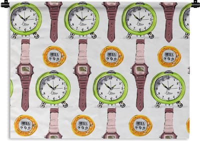 Wandkleed - Wanddoek - Wekker - Horloges - Stopwatch - Patronen - 60x45 cm - Wandtapijt
