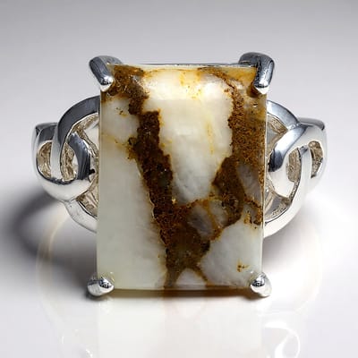 Cavill - Zilveren Ring met 10,97 ct Dinosaurus Kwarts Baguette Cabochon - 925 Sterling Zilver - Elegant Gevlochten Design - Statement Sieraad Maat 17