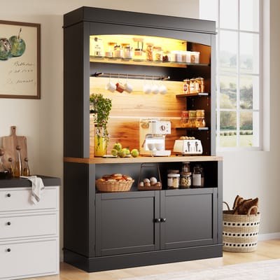 MEUNIQ hoge keukenkast 107 x 43 x 184 cm met LED-verlichting, open schappen, 2 deuren, hangrail en 6 haken, opbergkast voor keuken of woonkamer, zwart