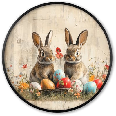 Poster in lijst Rond - Fotolijst 60x60 cm - Posters - Konijnen - Bloemen - Eieren - Ronde posterlijst zwart - Decoratie - Wanddecoratie woonkamer - Muurdecoratie slaapkamer
