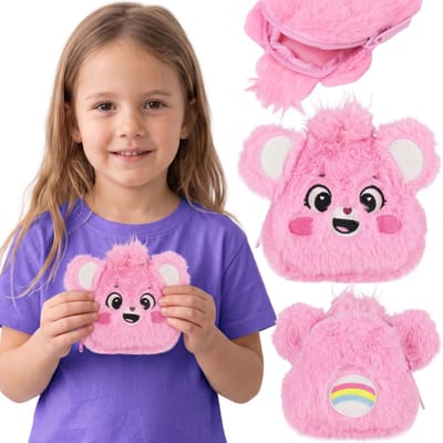Care Bears Roze, portemonneetje voor meisjes, portemonnee voor geld, pluche portemonnee met ritssluiting 10x10x3 cm