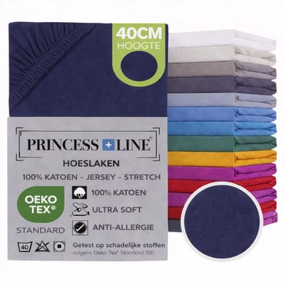 Princess Line- Comfortabel Ultra-Soft-Hoeslaken -100% katoen-Jersey -Stretch -Strijkvrij- Rondom elastiek-Hoekhoogte tot 40cm-Voor Boxspring-Waterbed-2Persoons- Lits-Jumeaux-180x220x40cm-Donker Blauw