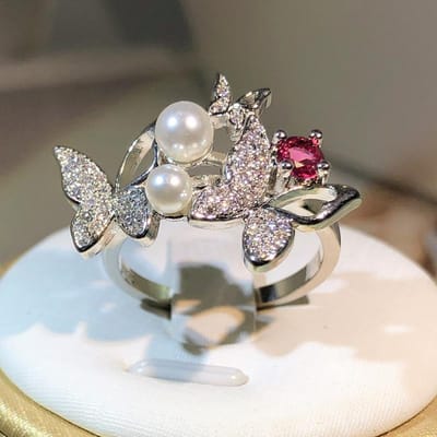 Zilveren Elegante Dubbele Parel Dubbele Vlinder Vol Zirkonia Ring Sieraden Dames Zirkonia Zoet Meisje Ring Verjaardagsfeest 6 gray