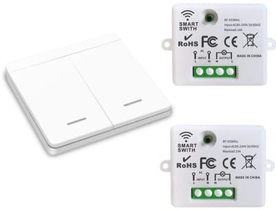 Draadloze lichtschakelaar, RF-zender veiligheidsschakelaar en 10A-ontvangercontroller, eenvoudig te installeren, geschikt voor verlichtingsarmaturen tot 1500W (2 ontvangers en 1 schakelaar).