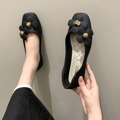 Chaussures simples pour femmes, chaussures plates à bouche peu profonde, rétro à bout carré, antidérapantes, à fond souple, à fleurs, nouvelle collection 38 noir