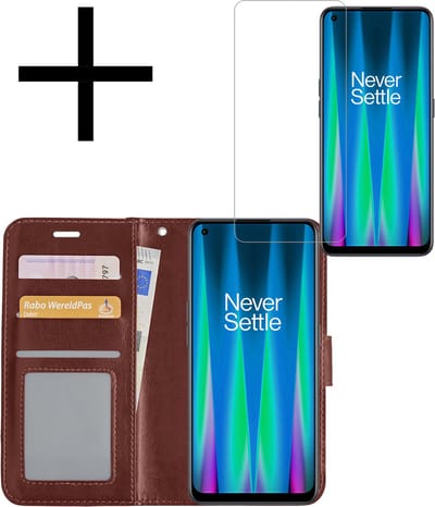 Hoesje - Met Screenprotector - Geschikt voor OnePlus Nord CE 2 - Luxe Pasjeshouder - Bookcase Portemonee - Flip Case - Kunstleer Book Case - Flipcase - Book Cover - Walletcase - Portemonneehoes - Bruin