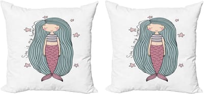 ABAKUHAUS Decoratieve kussenhoes met zeemeermotief, 2 stuks, "Sea is My Home" voor meisjes, 40x40 cm, blauw, paars, roze