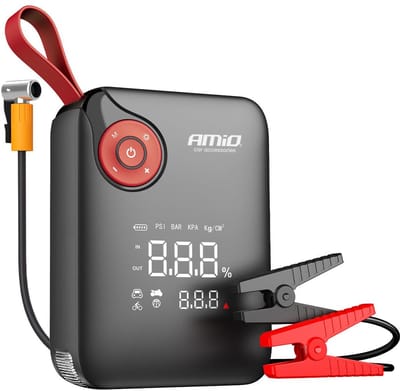 AMiO Portable Mini 4-in-1 Jump Starter – Powerbank 12V 600A met Air Compressor en LED Zaklamp – Draagbare Startbooster Auto – Smart Battery Booster