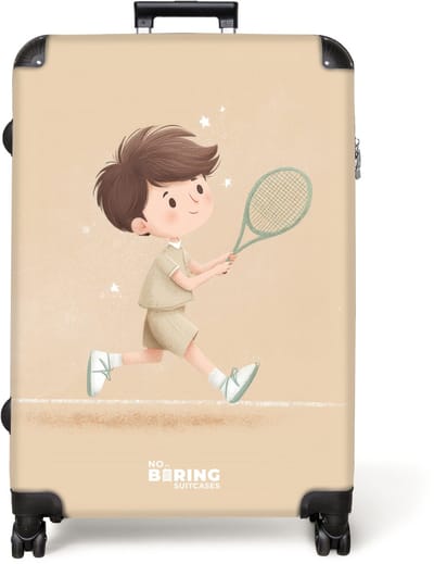NoBoringSuitcases.com® - Koffer groot - Reiskoffer lichtgewicht - Jongen speelt tennis op zandkleurige achtergrond - Rolkoffer met 4 wielen - Grote trolley XL - 98 liter bagage