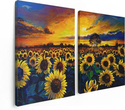 Artaza Canvas Schilderij Tweeluik Getekende Zonnebloemen Veld Met Olieverf - 120x80 cm - Wanddecoratie Woonkamer - Schilderijen - Muurdecoratie
