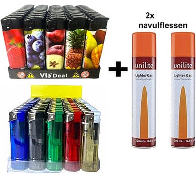 Aanstekers 100 stuks navulbaar - Unilite - klik aansteker - 2 gasflessen