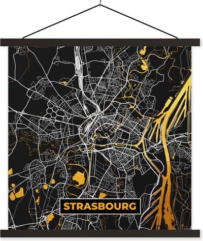 Posterhanger incl. Poster 60x60 cm - Schoolplaat - Kaart – Strasbourg - Stadskaart – Frankrijk – Plattegrond - Textielposter - Zwarte latten - Stadskaart
