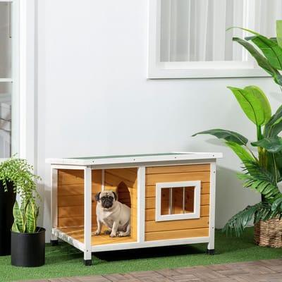 HAUSS SPOLE Hundehütte – Met Veranda En Opklapbaar Dak – 85,5 X 62 X 60 Cm – Massief Vurenhout – Oranje – Voor Kleine Honden Buiten
