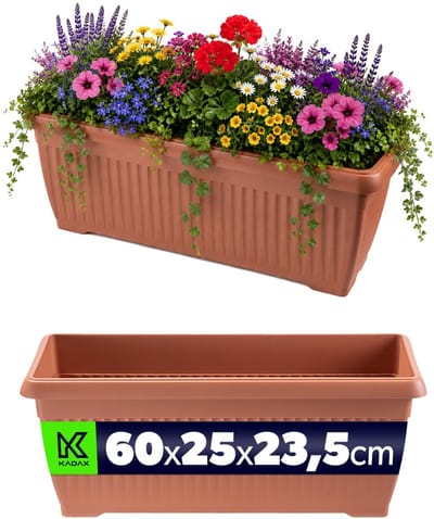 KADAX bloembak 60 x 25 x 24 cm, rechthoekige plantenbak voor bloemen, kruiden en planten op de vensterbank, balkonbak van kunststof (terracotta)