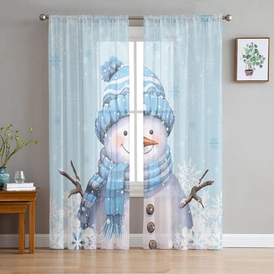 Kerst Sneeuwvlok Sneeuwman Blauwe Transparante Gordijnen voor Woonkamer Decoratie Raamgordijnen Keuken Tule Voile Gordijnen W135 x H115cm x1 white