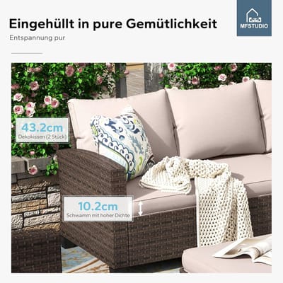 Tuin Loungeset Modulair PE Rotan Cushion Pro Waterdicht 61 x 61 x 44,5 cm – Outdoor Tuinbank Set met Zitkussens, Kruk & Salontafel Functie, Weerbestendig Balkonmeubilair – Nicolehome
