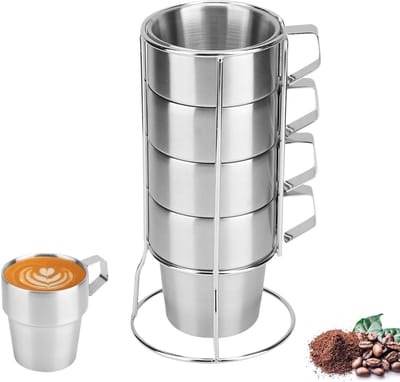 Dailygoods- Koffiemokken Set van 4 - Roestvrij Stalen Koffiemokken - Stapelbare Koffiekopjes - Bekerhouder - Duurzaam en Elegant Design