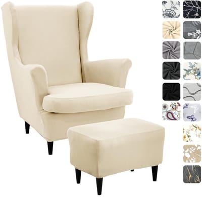 3-delige oorfauteuilhoes met ottomane, beschermhoes, stretch stoelovertrekken, elastische stoelhoes, Strandmon, tijger, stoelhoes met armleuning, hoge rugleuning, universeel (beige)