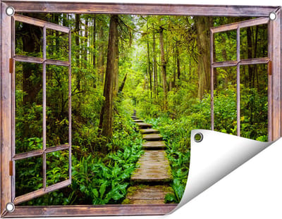 Gards Tuinposter Doorkijk Voetpad in het Bos met Groene Planten - 60x40 cm - Tuindoek - Tuindecoratie - Wanddecoratie buiten - Tuinschilderij