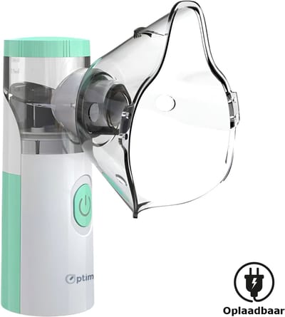 OPTIMERA® - Aerosoltoestel - Oplaadbare Accu - Inhalator – Nebulizer - Ultrasone Vernevelaar - Inhalatieapparaat voor Kinderen, Volwassenen & Baby’s - Helpt tegen Luchtwegaandoeningen - 2025 Model - Incl. 3 mondstukken