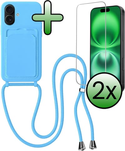 Hoes Geschikt voor iPhone 16 Hoesje Pas Houder Case Hoes Met Koord Met 2x Screenprotector - Hoesje Geschikt voor iPhone 16 Hoes Met Telefoonkoord Pasjeshouder Cover - Lichtblauw