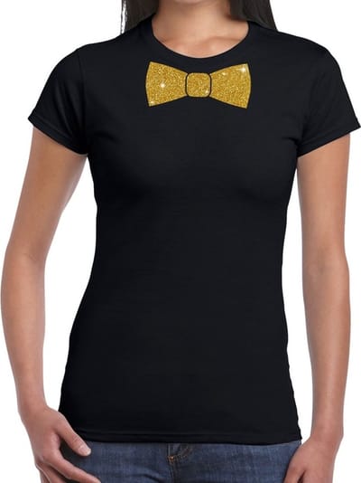 Zwart fun t-shirt met vlinderdas in glitter goud dames XS