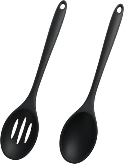 SnelShoppen - 2 stuks lange silicone lepel hittebestendig tot 315°C, 27.5cm, zwart, anti-aanbak coating, serveer- en mixfunctie voor keuken, koken en