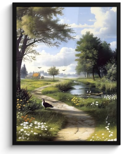 Poster in lijst - Fotolijst 60x80 cm - Posters - Zandpad - Groen landschap - Water - Posterlijst zwart - Decoratie - Wanddecoratie woonkamer - Muurdecoratie slaapkamer