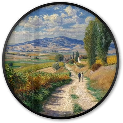 Poster in lijst Rond - Fotolijst 60x60 cm - Posters - Mensen - Wandelen - Zandpad - Velden - Ronde posterlijst zwart - Decoratie - Wanddecoratie woonkamer - Muurdecoratie slaapkamer