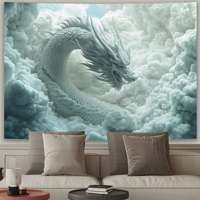 1 stuks Draak in de Wolken wandkleed met complex wit drakenpatroon, polyester stof, geschikt voor woonkamer, slaapkamer 70x100cm gray