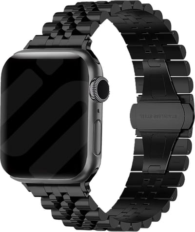 Strap-it Jubilee stalen schakel band - Geschikt voor Apple Watch bandje - Series 1/2/3/4/5/6/7/8/9/10/11/SE/SE2/SE3 - Zwart - Staal/metalen luxe band met vlindersluiting - RVS iWatch bandje voor maat: 38 / 40 / 41 / 42mm
