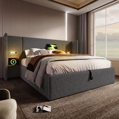 VVBV Slaapkamerset 180x200 cm - USB-C, Hydraulische Opbergruimte, Lades, Lattenbodem, Leeslamp, Nachtkastje, Zonder Matras