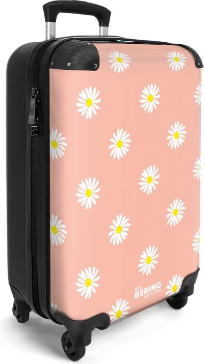 NoBoringSuitcases.com® - Handbagage koffer lichtgewicht - Reiskoffer trolley - Pastel oranje met madeliefjes - Rolkoffer met wieltjes - Past binnen 55x40x20 en 55x35x25 - Suitcase cabin