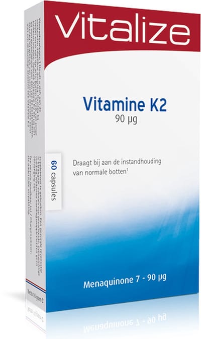 Vitalize Vitamine K2 60 capsules | Draagt bij aan een goed verloop van de bloedstolling - Bevat MK-7 (menaquinone), een biologisch actieve vorm van vitamine K2