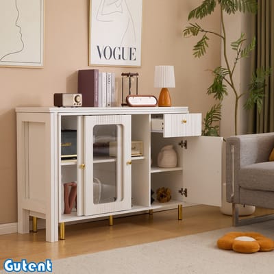 Gutent Dressoir - in- en uitklapbaar - Glazen schuifdeuren - Golfpatroon - Wit