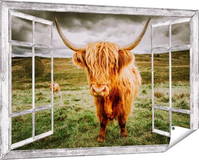 Gards Tuinposter Doorkijk Schotse Hooglanders in de Weide met Wolken - 150x100 cm - Tuindoek - Tuindecoratie - Wanddecoratie buiten - Tuinschilderij