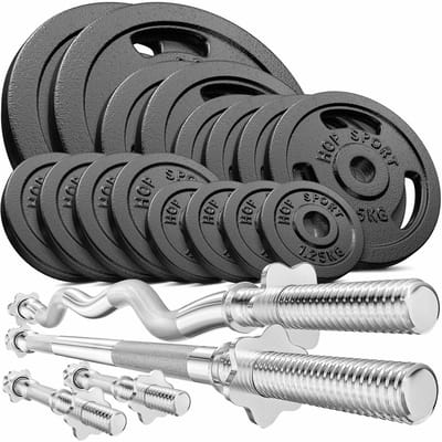 Hop-Sport – Halterset 116 kg – 30 mm – Lange Halter 167 cm – Inclusief SZ en Dumbbellstangen