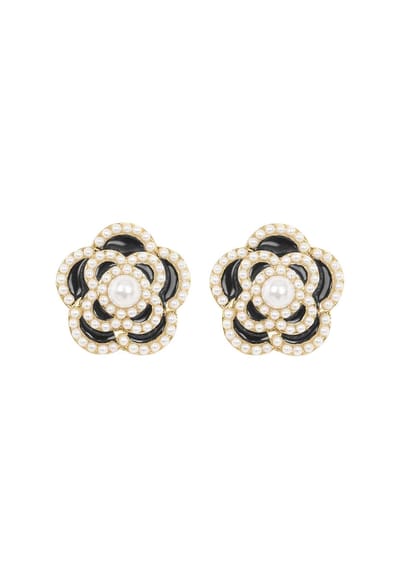 Margot Bardot Camelia Flower Pearl Studs Black