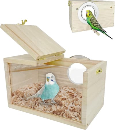 Wellensittich Nistkasten met transparant design, vogelhuisje van natuurlijk hout, klein vogelnest, houten volière, broedkast voor parkiet, ellensittich, sittich, lovebirds, papegaaien