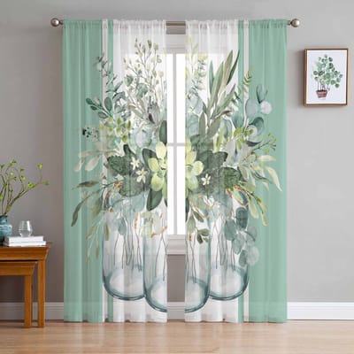 Lente Eucalyptus Bladeren Gestreepte Salie Groene Raam Tule Gordijnen voor Woonkamer Slaapkamer Hotel Luxe Decoratie Transparante Gordijnen 135W x 137H(cm)