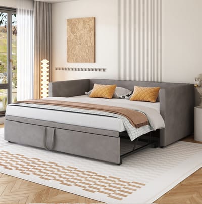 MEUNIQ bedbank 90x200 cm uitschuifbaar tot 180x200 cm met lattenbodem, gestoffeerd slaapbankframe met rugleuning en armleuningen voor slaapkamer grijs