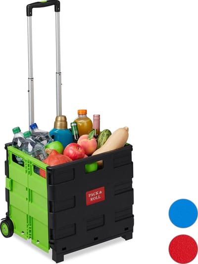 boodschappentrolley - inklapbaar - tot 35 kg - kunststof krat - telescopisch handvat - 2 wieltjes - groen