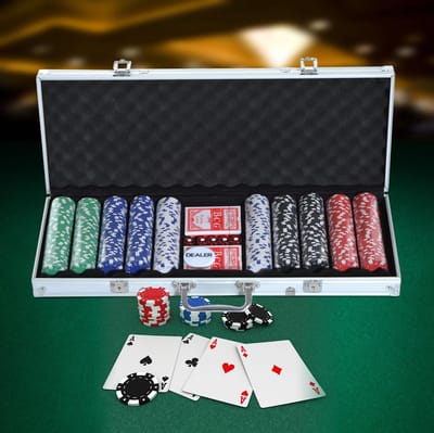 MEUNIQ pokerkoffer pokerset met 500 pokerchips van 11,5 g, 2 kaartspellen, 5 dobbelstenen en dealer-chip in aluminium koffer 55,5 x 22 x 6,5 cm