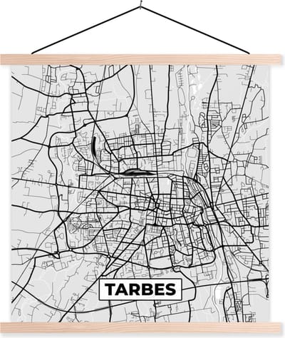 Posterhanger incl. Poster 40x40 cm - Schoolplaat - Plattegrond - Tarbes - Stadskaart - Kaart - Frankrijk - Textielposter - Blanke latten - Stadskaart