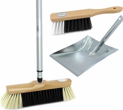 Luxe bezemset lichtbruin/zilver van metaal inclusief telescoopsteel 200 cm voor binnen - Bijpassende stoffer en blik/bezem set