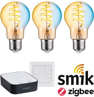 Paulmann Zigbee 3.0 Smart Home Startset Smik Gateway + Wandschakelaar + 3x Filament LED Lamp E27 Tunable White - 2200K-5500K - Goud - Dimbaar