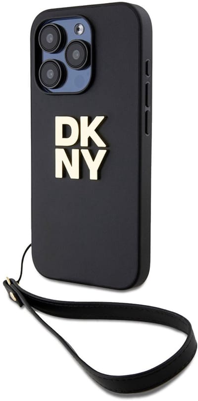 DKNY, Hoesje geschikt voor iPhone 14 Pro - met Metalen Logo & Polskoord, Zwart