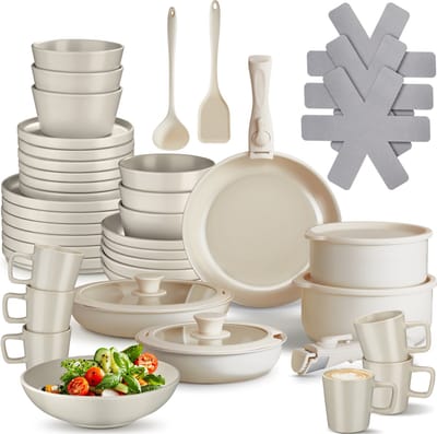 tectake® Complete Pannenset - Borden Set - Aardewerk - 40-delig - 6 Persoons - Set met Servies, Koekenpan, Spatel, Kookpan, Kommen - Pannen met Deksel en Antiaanbaklaag - Ovenbestendig - Vaatwasbestendig - Geschikt voor Inductie - Taupe/Wit